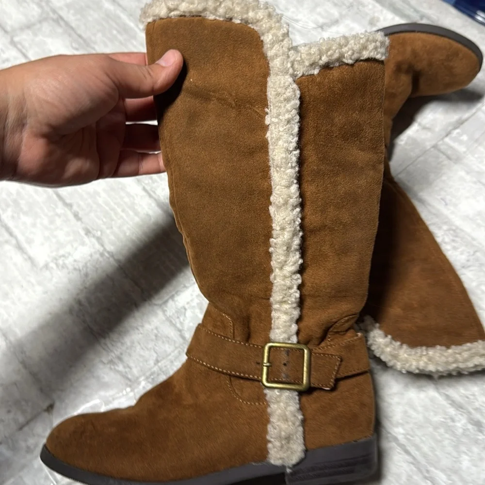 Brown Suede Shearling-trim tall Boots faux suede leather girl sz 1
